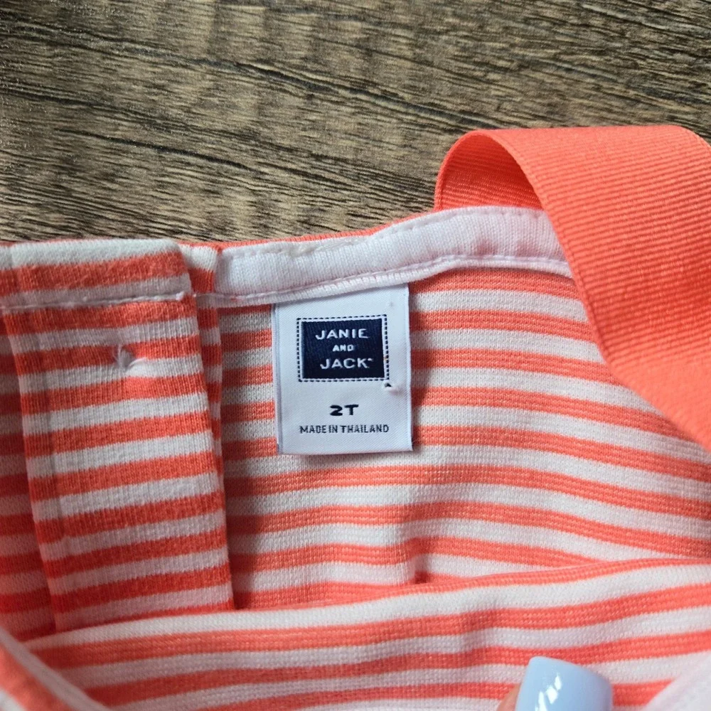 Janie and Jack Girls 2T Coral White Striped Peplum Dress Bow Straps Button Back